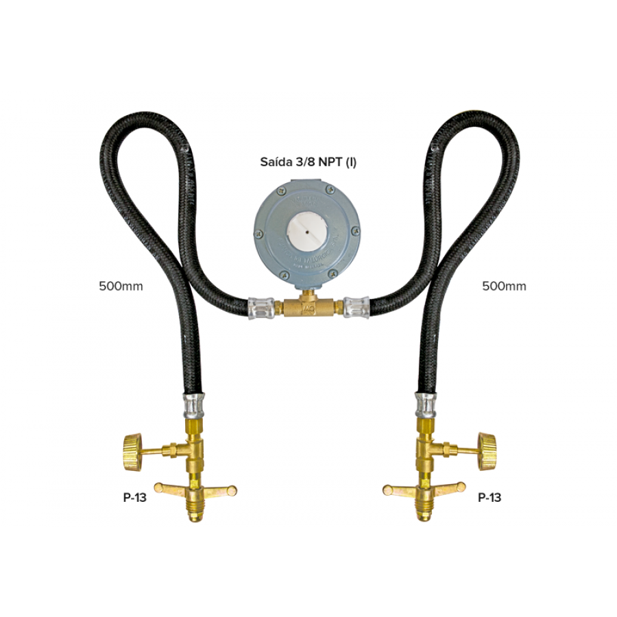Mangueira Flex 2x P-13 x 3/8 NPT (I) x 2x 500mm c/ Regulador 2,8kPa - MAQENGE